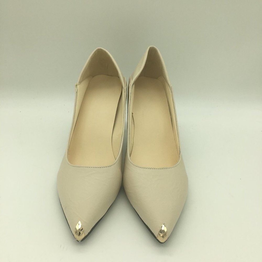 Beige Women Pointed Toe Mid Heels Wedding Bride Shoes